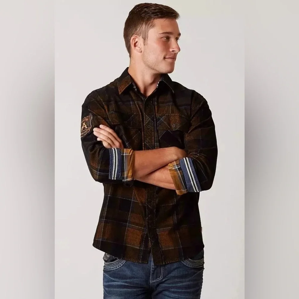 Affliction Men's Button Down Shirt Copper Mountain Embroidered Biker - Picture 12 of 13